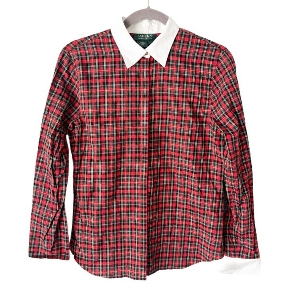 Lauren Ralph Lauren Red Tartan Plaid Shirt White Contrast Collar Cuffs Small